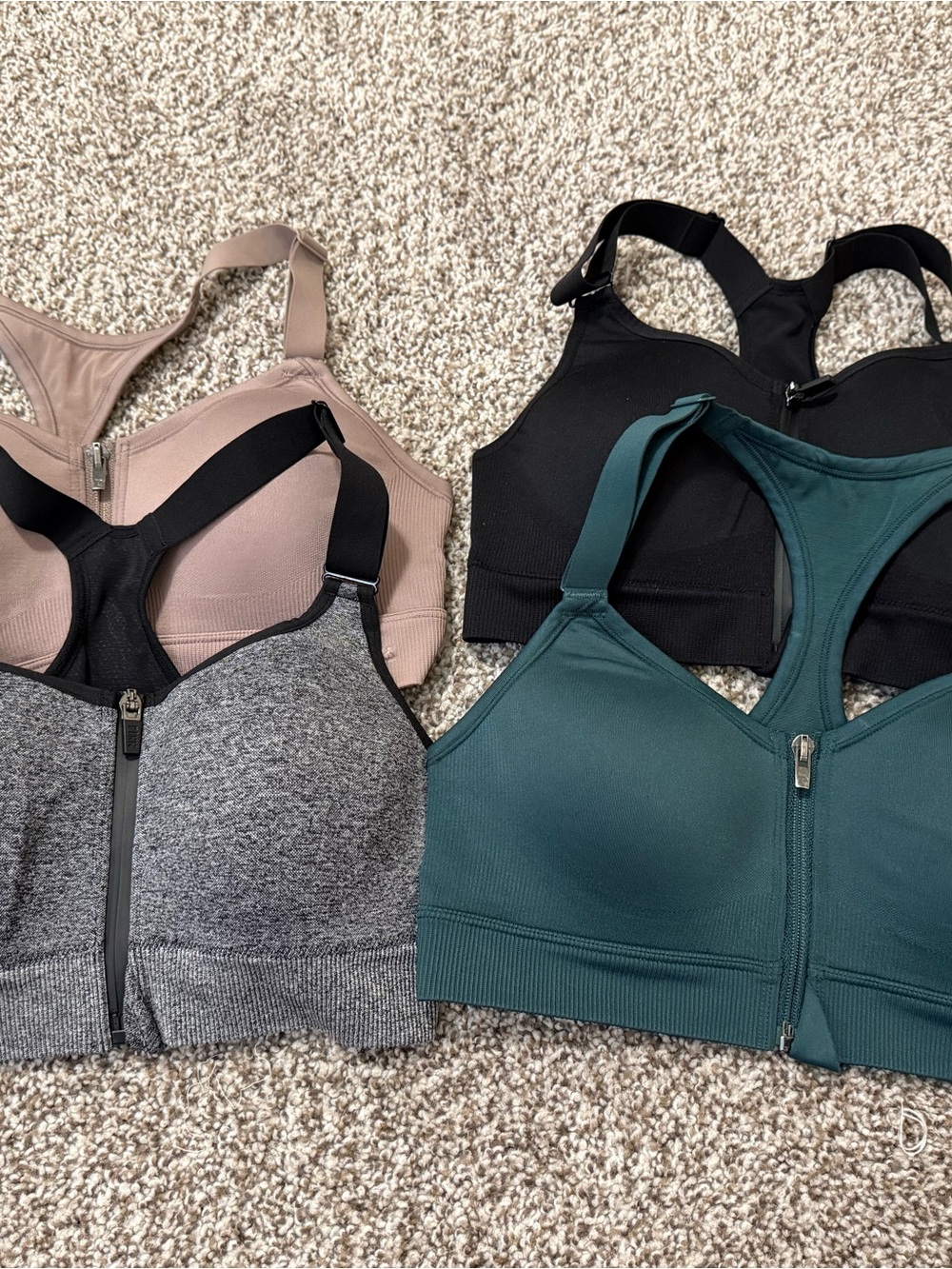 Front-Zip Sports Bras — Black, Teal, Nude, Heather Gray